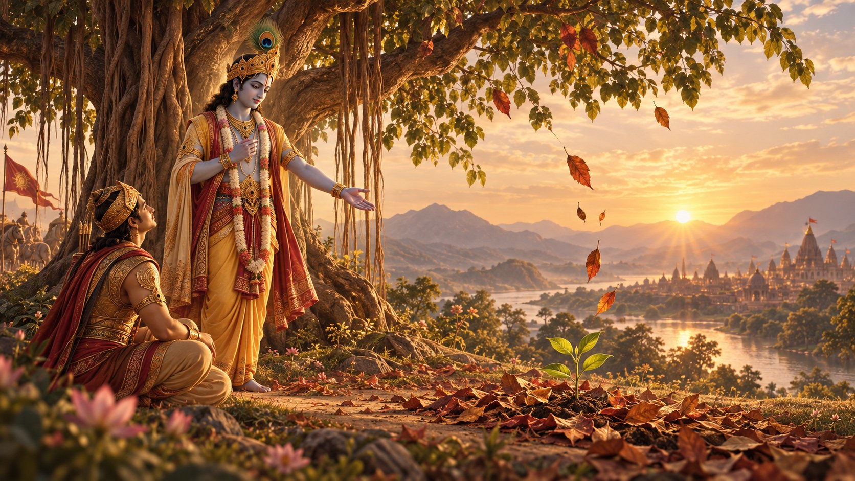 Shri Krishna standing under a banyan with one hand extended toward a river valley at sunset, Arjuna seated at his feet, fallen leaves and a single seedling in the foreground