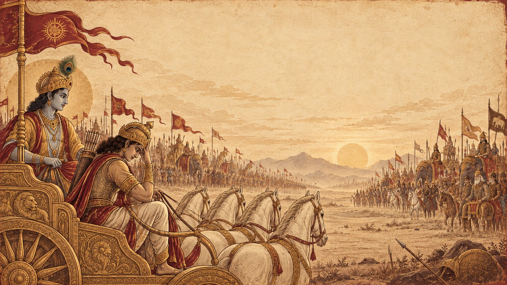 Shri Krishna standing at the head of the chariot with the reins in his hand while Arjuna sits behind him with his head resting in his palm, four white horses ahead of them and the two armies drawn up across the plain under a low sun