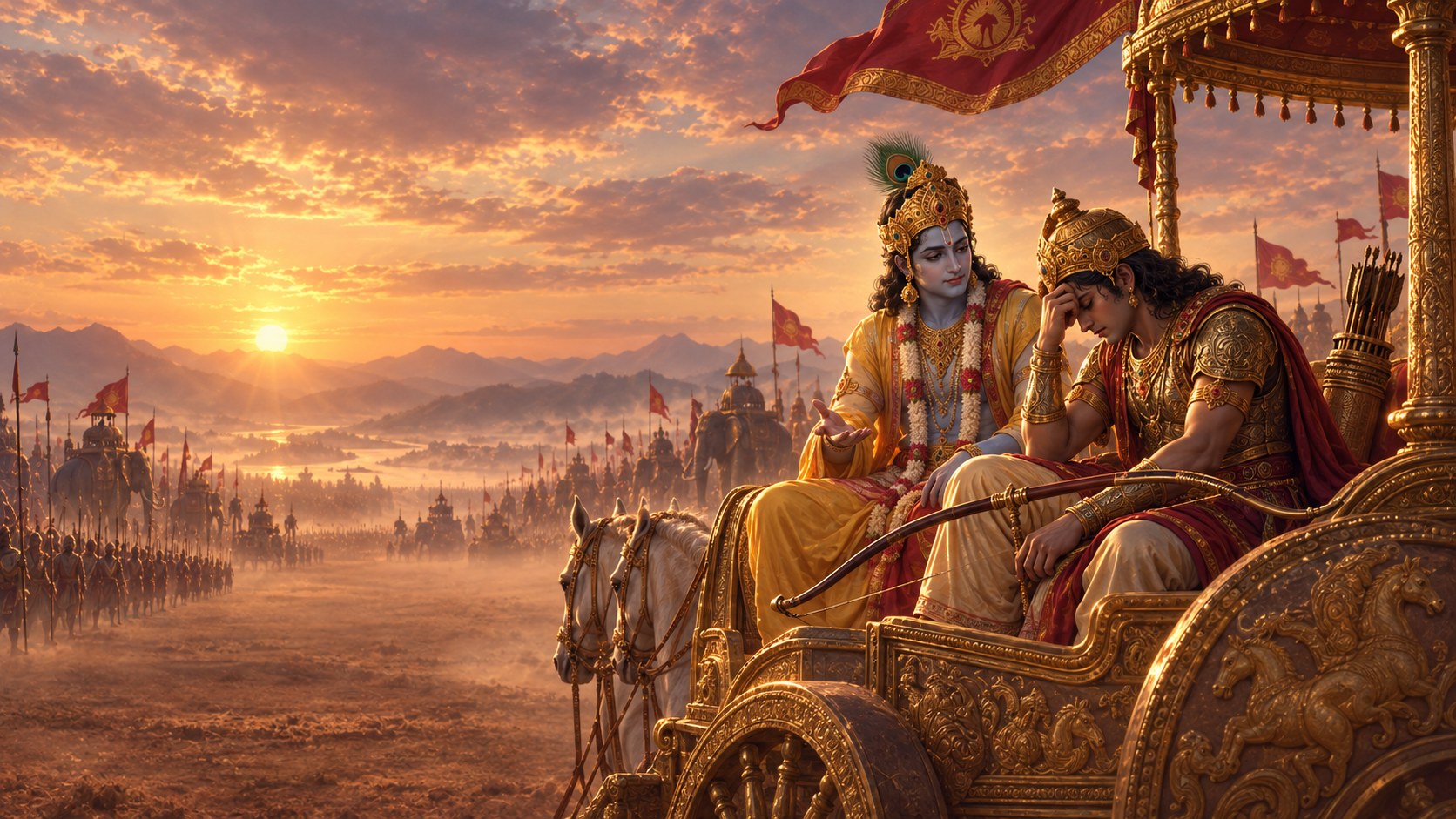 Shri Krishna turned toward Arjuna on the chariot with one hand open in speech, Arjuna’s forehead resting against his hand and his bow across his knees, the armies and elephants fading into dust behind them at sunset