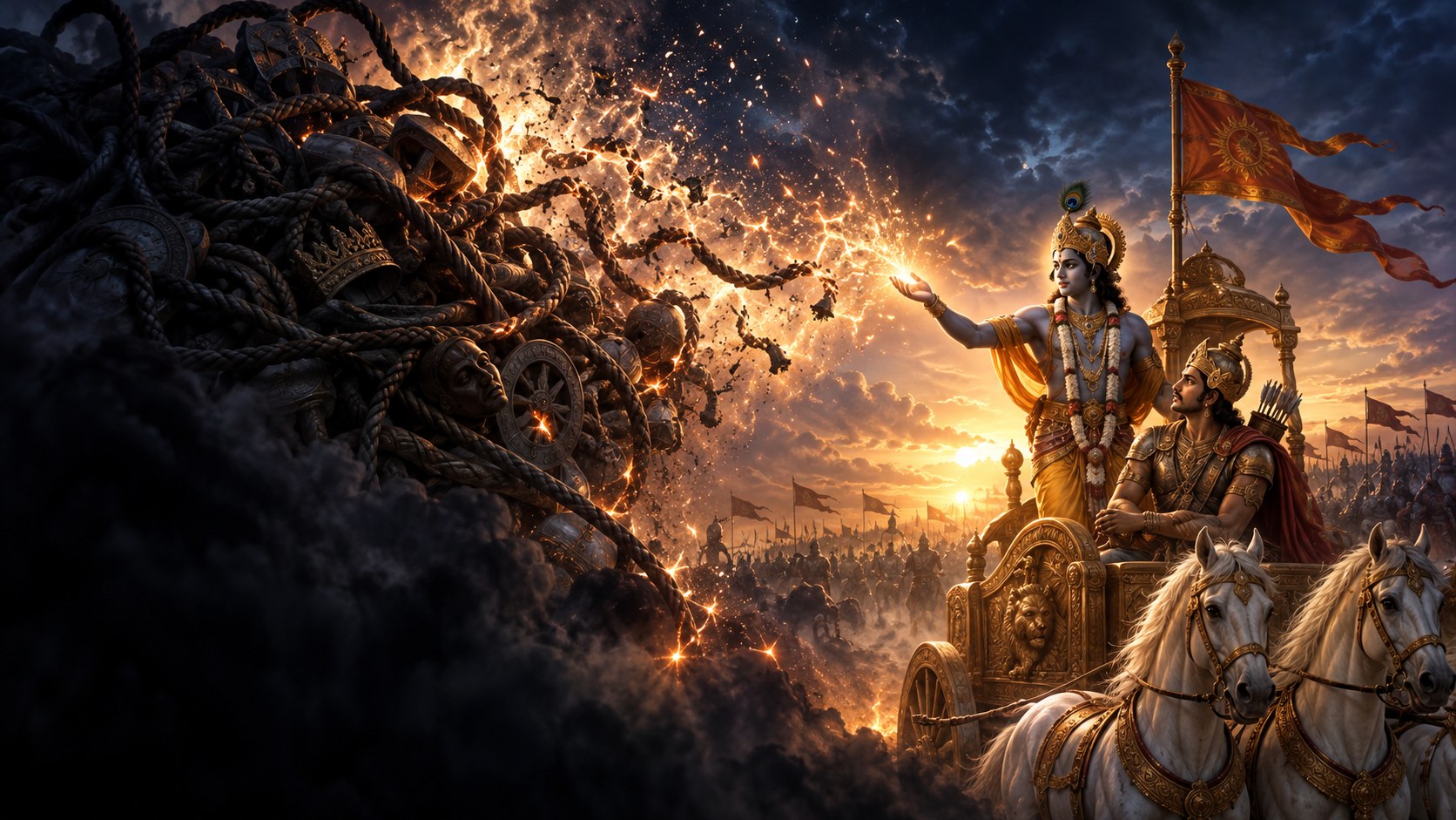 A bare black tree against a night sky filling one side of the picture, and Shri Krishna on the chariot scattering light across the other
