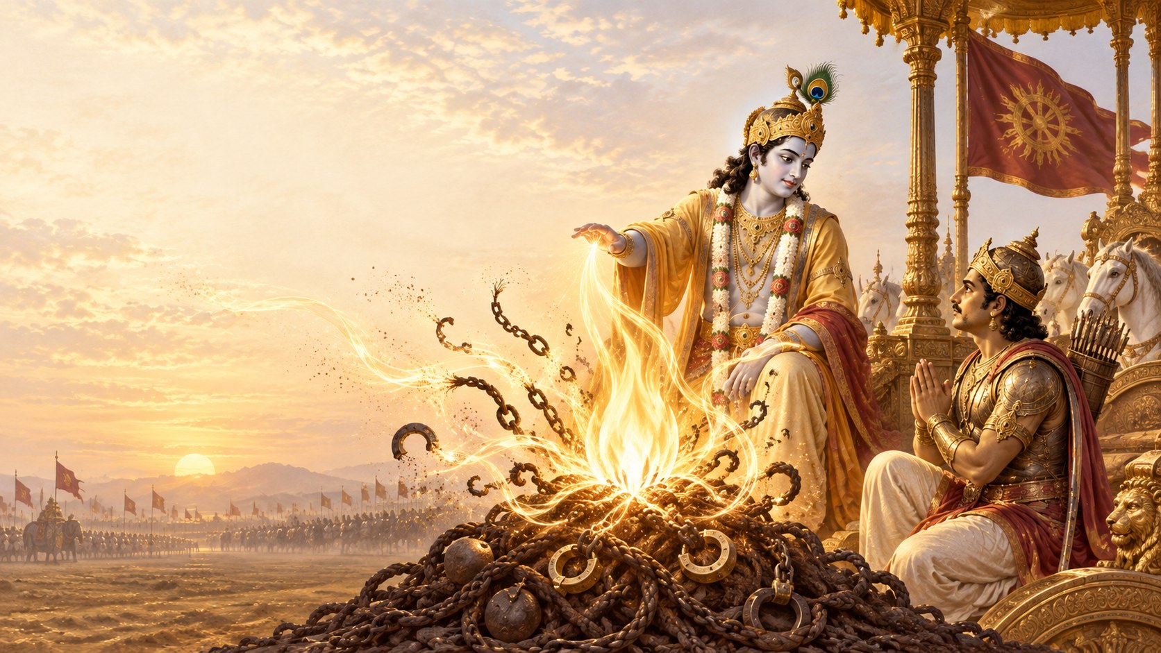 Shri Krishna with an open hand above a fire that is consuming chains and broken weapons, Arjuna seated watching
