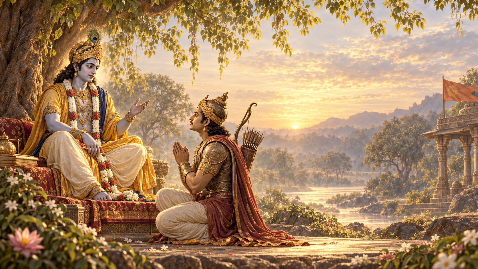 Shri Krishna seated beneath a flowering tree with Arjuna kneeling before him, hands folded, a river valley opening behind them