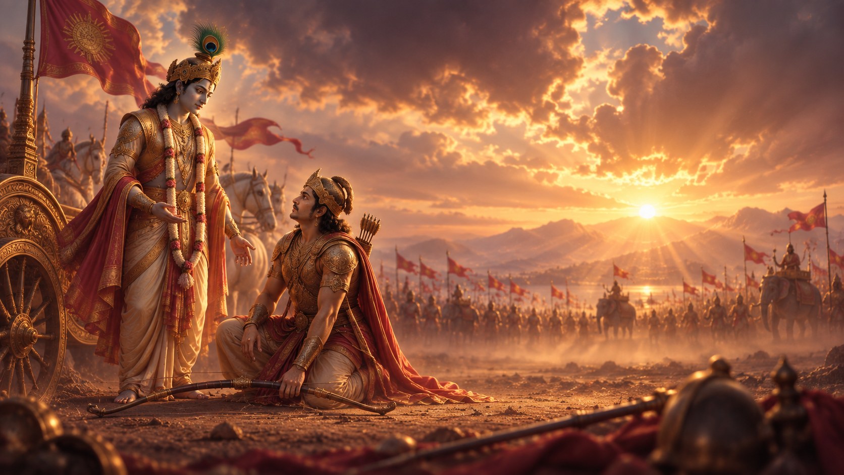 Arjuna kneeling in the dust with his bow laid down beside him and Shri Krishna standing over him with a hand extended, the sun setting behind the ranked army