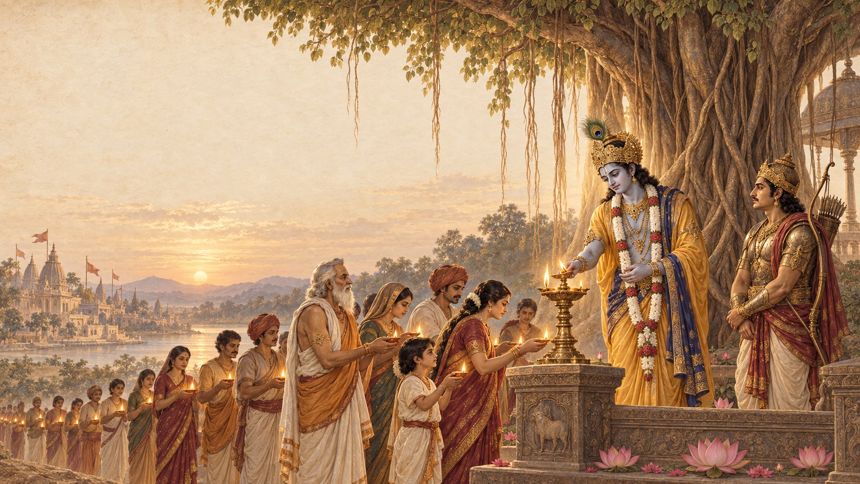 A line of villagers carrying lamps toward Shri Krishna, who stands at a lamp-stand beneath a banyan with Arjuna beside him