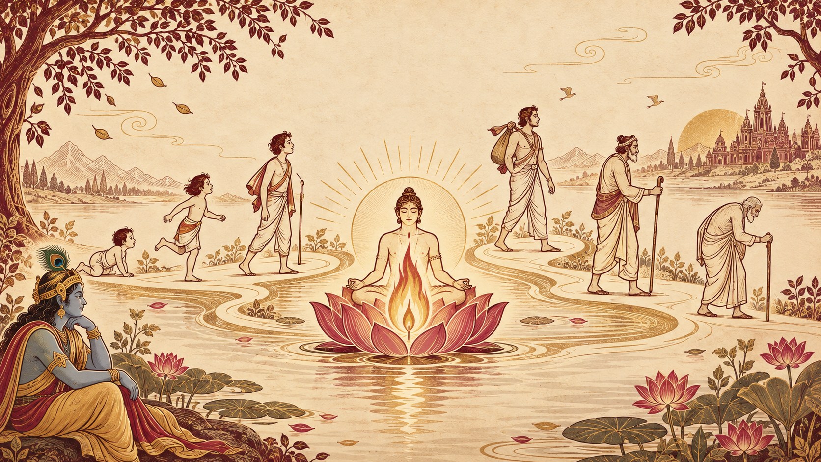 A figure seated on an open lotus with a flame at its heart in the middle of a still stream, a child, a young man, a traveller with a bundle and an old man walking along the banks, Shri Krishna and Arjuna seated watching in the foreground