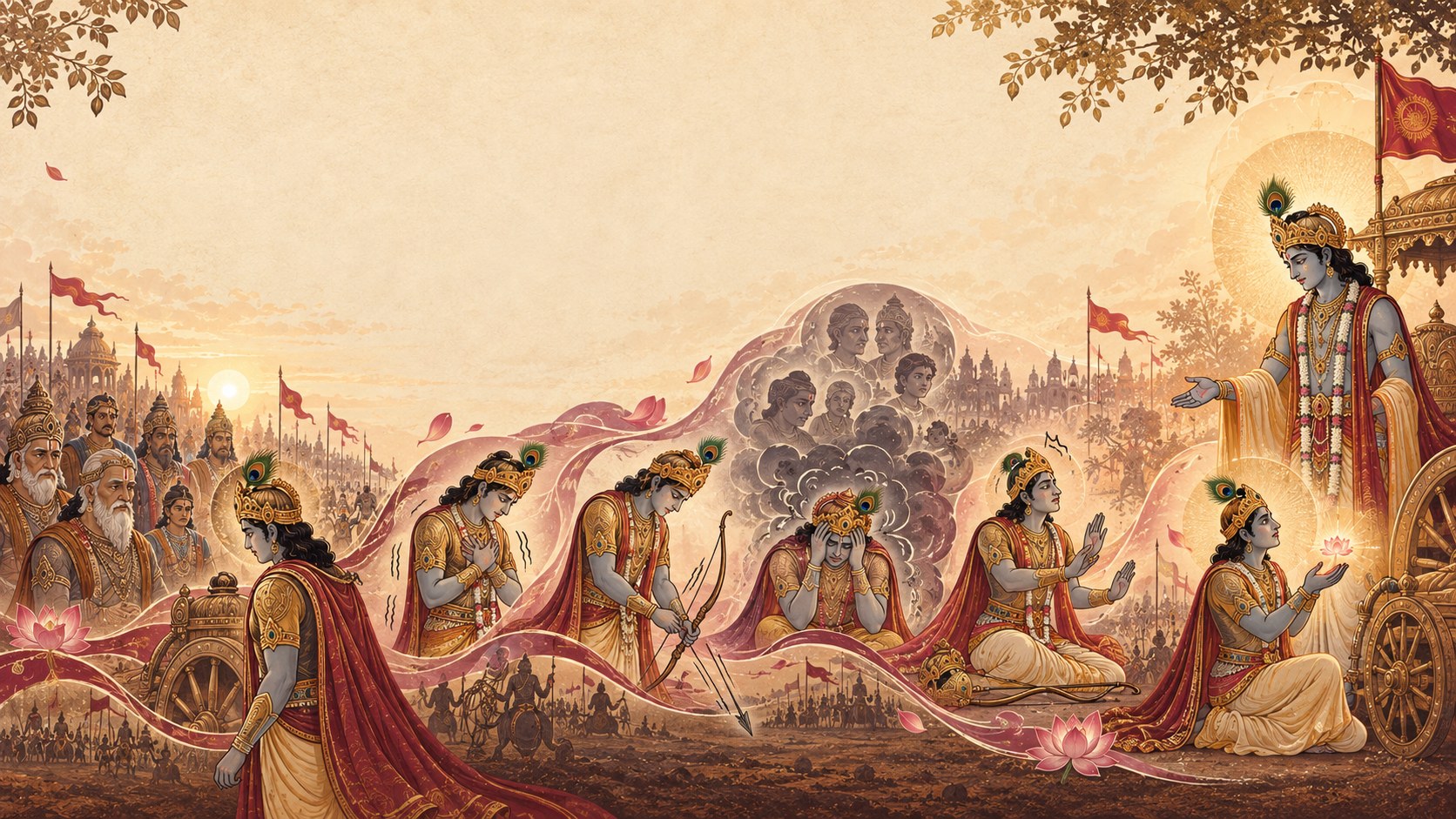 Shri Krishna gesturing from beside the chariot toward a row of figures in which the same face appears again and again, a soft cloud of heads gathered above them