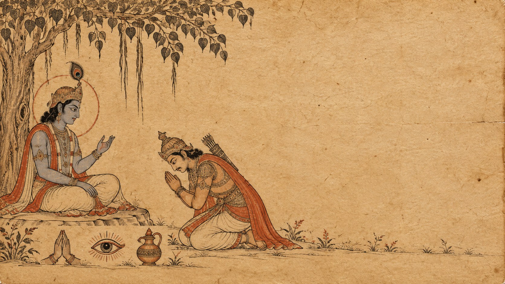 Shri Krishna seated beneath a peepal tree with Arjuna bowing before him, drawn in ink on parchment, an eye, a lamp and a water pot set along the lower border