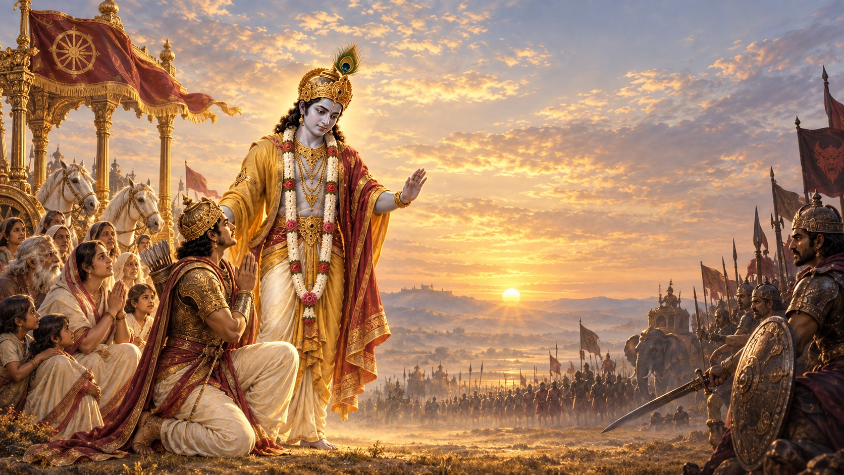 Shri Krishna standing with one hand raised over people kneeling with folded hands, an armed line drawn up along the right