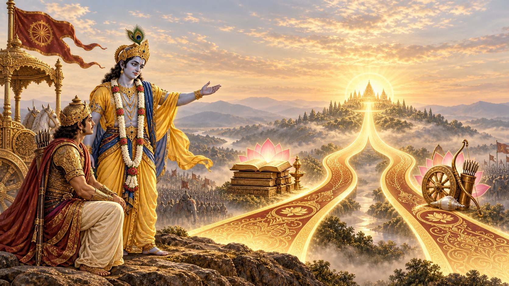Shri Krishna showing Arjuna two lit roads climbing out of the valley toward a small shrine on a far peak