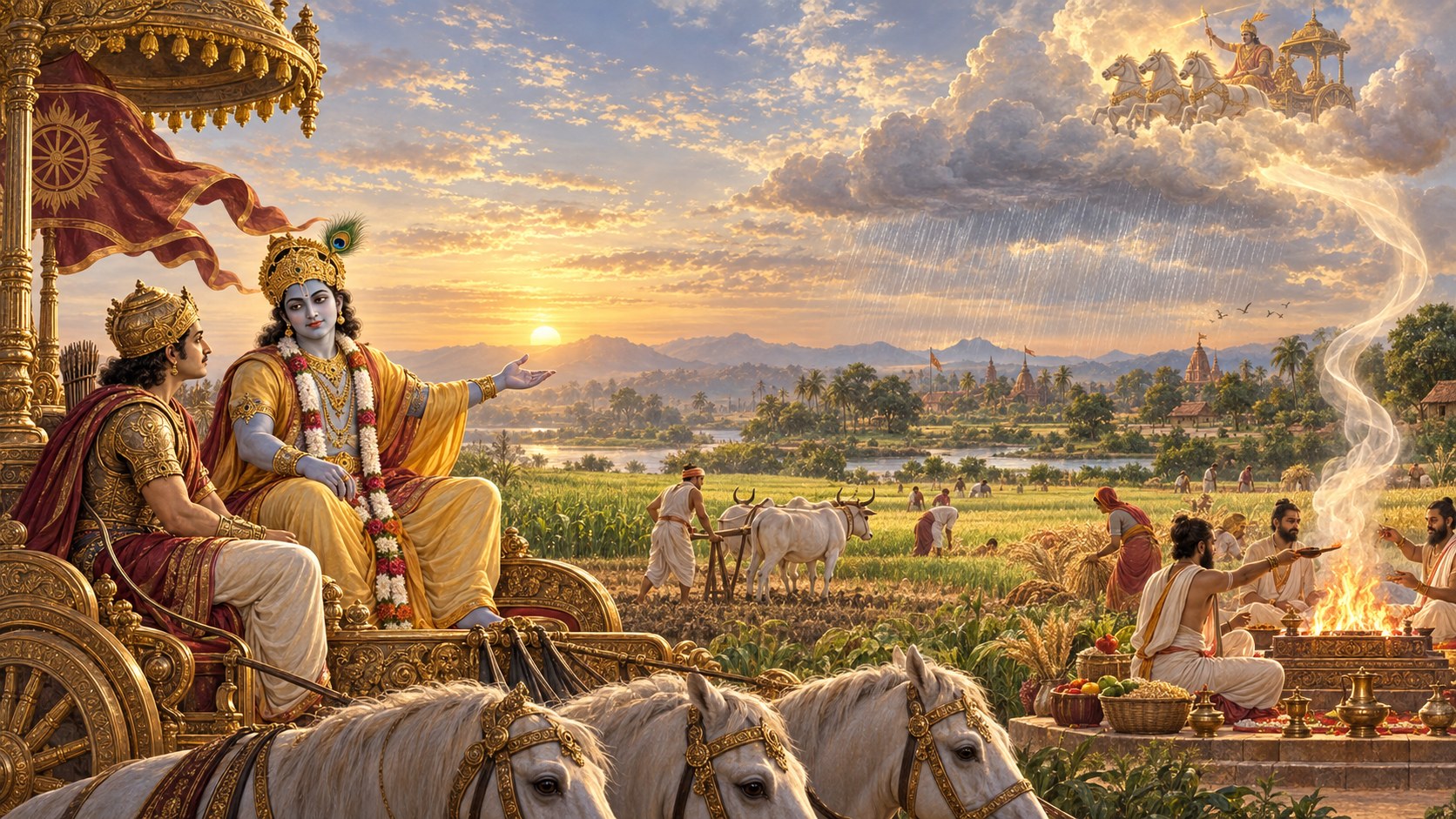 Shri Krishna pointing from the chariot across a valley that is sunlit on one side and under falling rain on the other