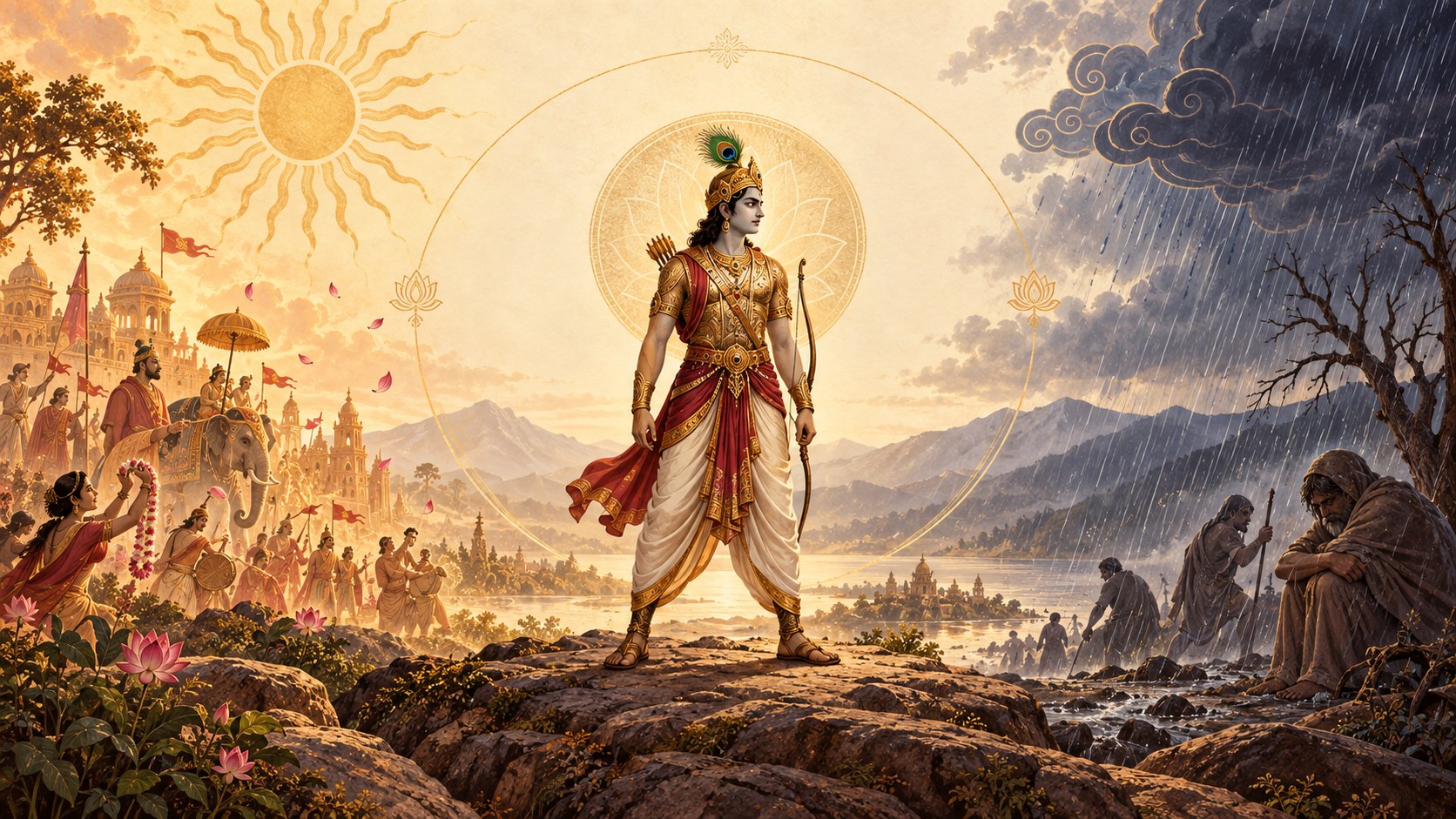 Arjuna standing with his bow between a bright sun over a walled city on one side and dark rain over a bare tree on the other, a hooded figure sitting in the rain with his head down