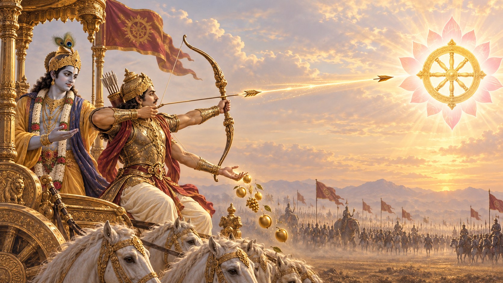Arjuna drawing his bow from the chariot, the arrow already loosed toward a radiant wheel standing in the sky, Shri Krishna at his shoulder