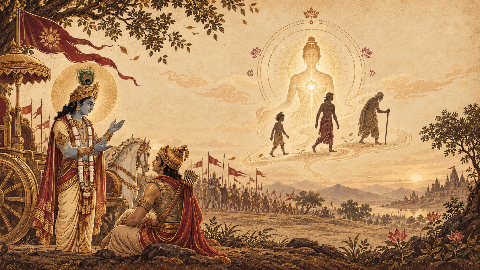 Shri Krishna speaking from beside the chariot while a lit figure looks on and a child, a grown man and an old man with a stick walk the same winding path