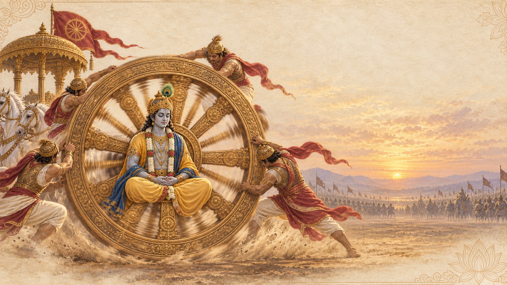 Shri Krishna and Arjuna seated together inside a great spoked wheel, the chariot and the ranked army behind them at sunset