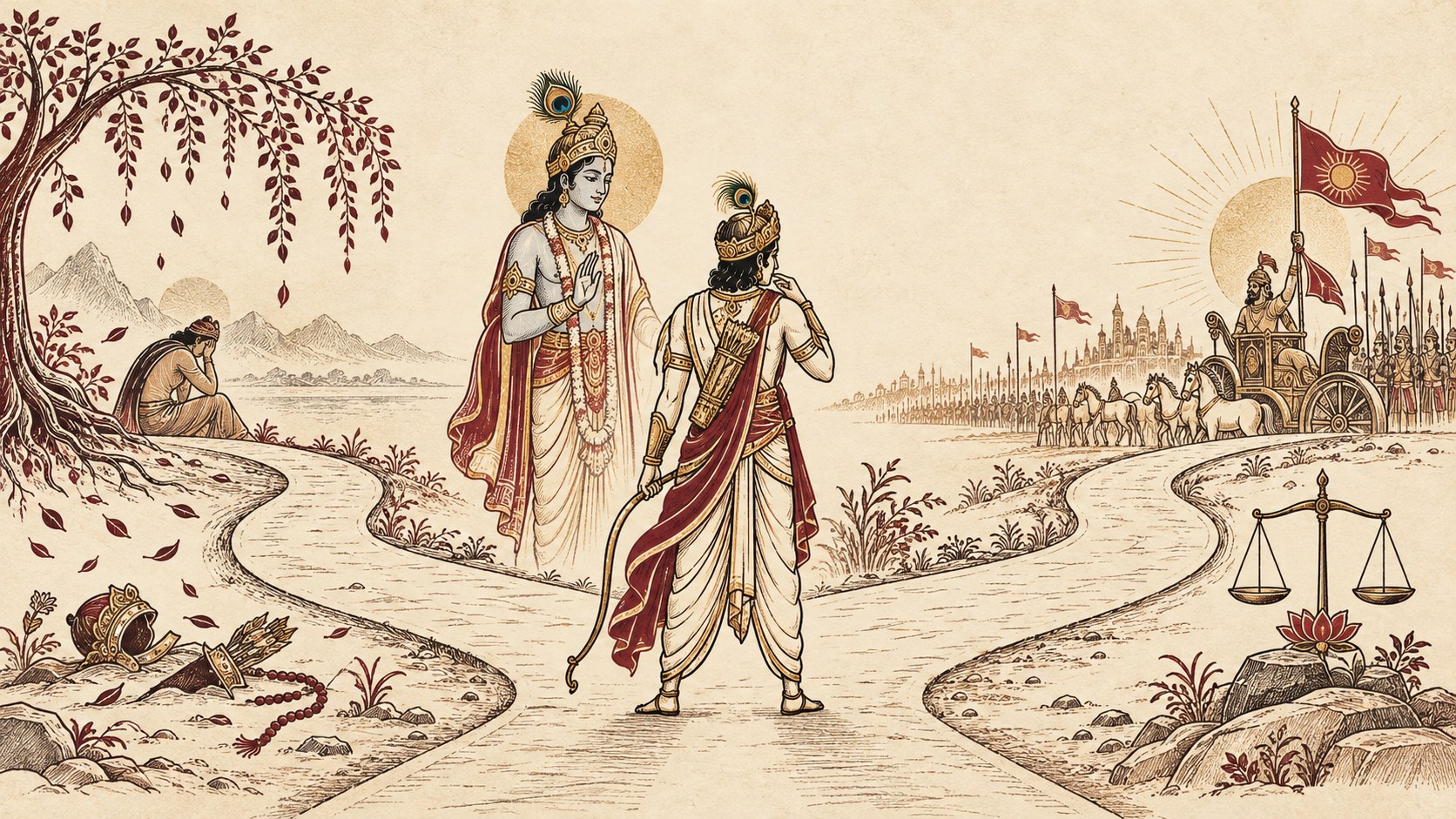 Arjuna standing where a path forks, Shri Krishna beside him with a raised hand; one road runs past a discarded crown and quiver and a figure sitting with his head down under a shedding tree, the other toward the drawn-up army, a rising sun and a set of scales resting on a lotus
