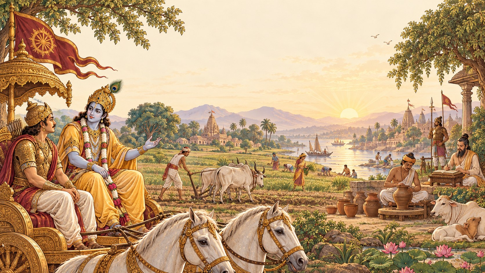Shri Krishna and Arjuna on the chariot looking out over a river valley where people are ploughing, driving cattle, throwing pots and carrying water at sunrise