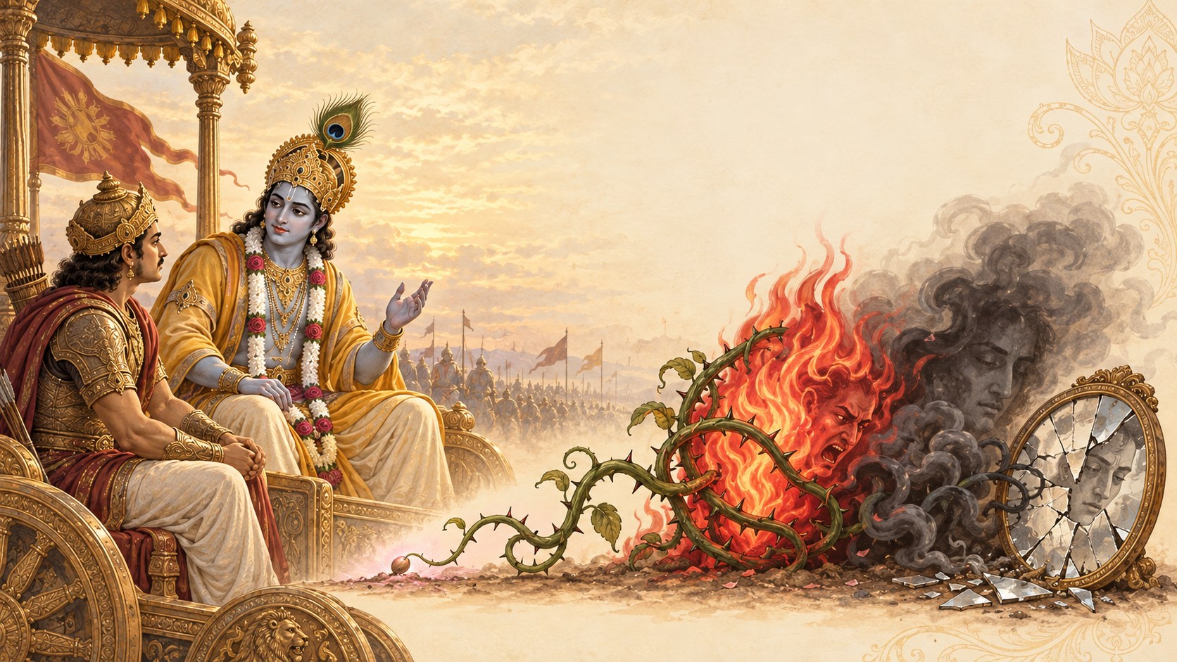 Shri Krishna gesturing from the chariot toward a broken chariot wheel wreathed in fire and dark smoke
