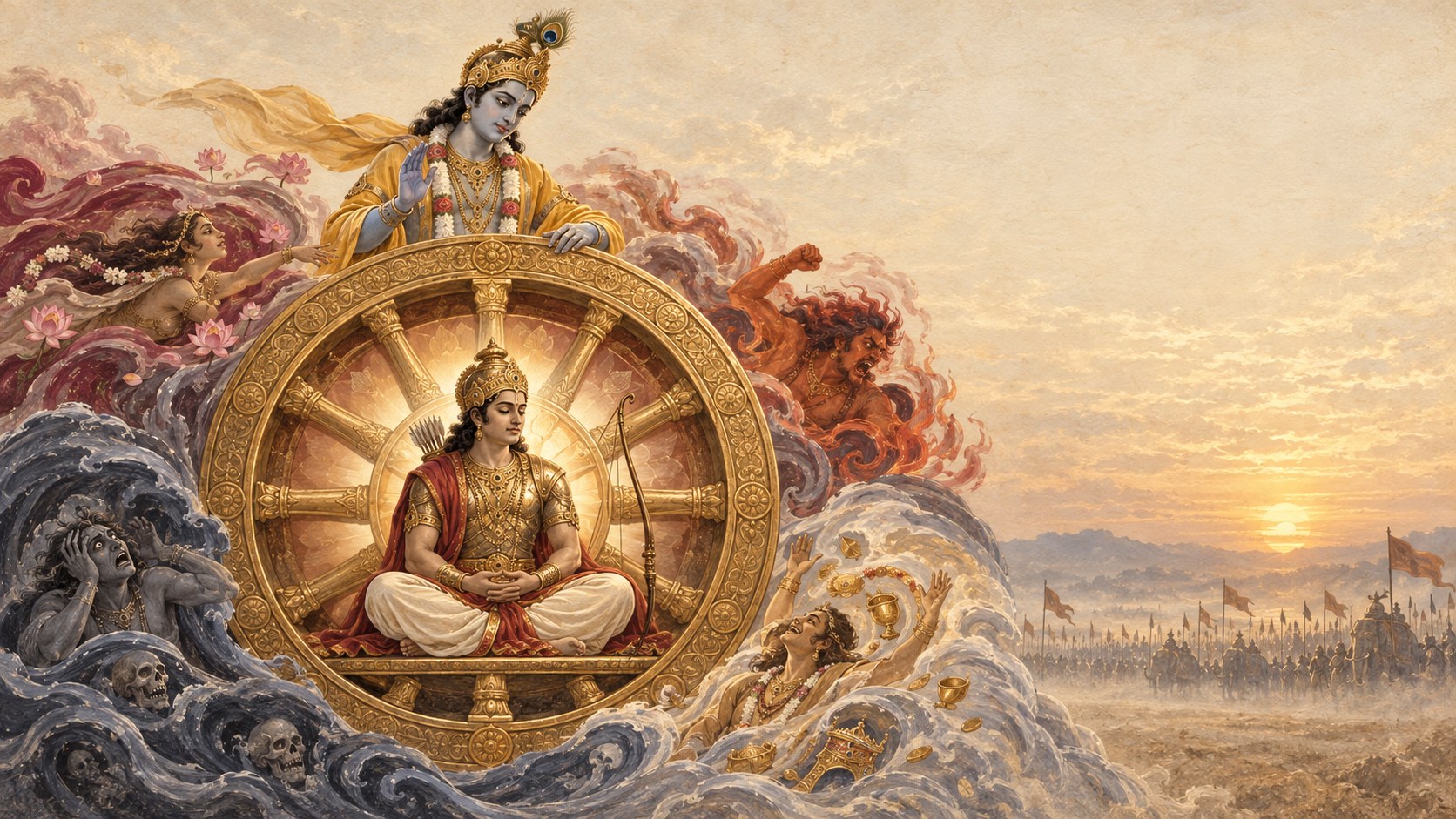 Shri Krishna seated within a great spoked wheel, a mass of storm-cloud faces gathering on one side and an army ranged along the plain on the other, the sun low behind