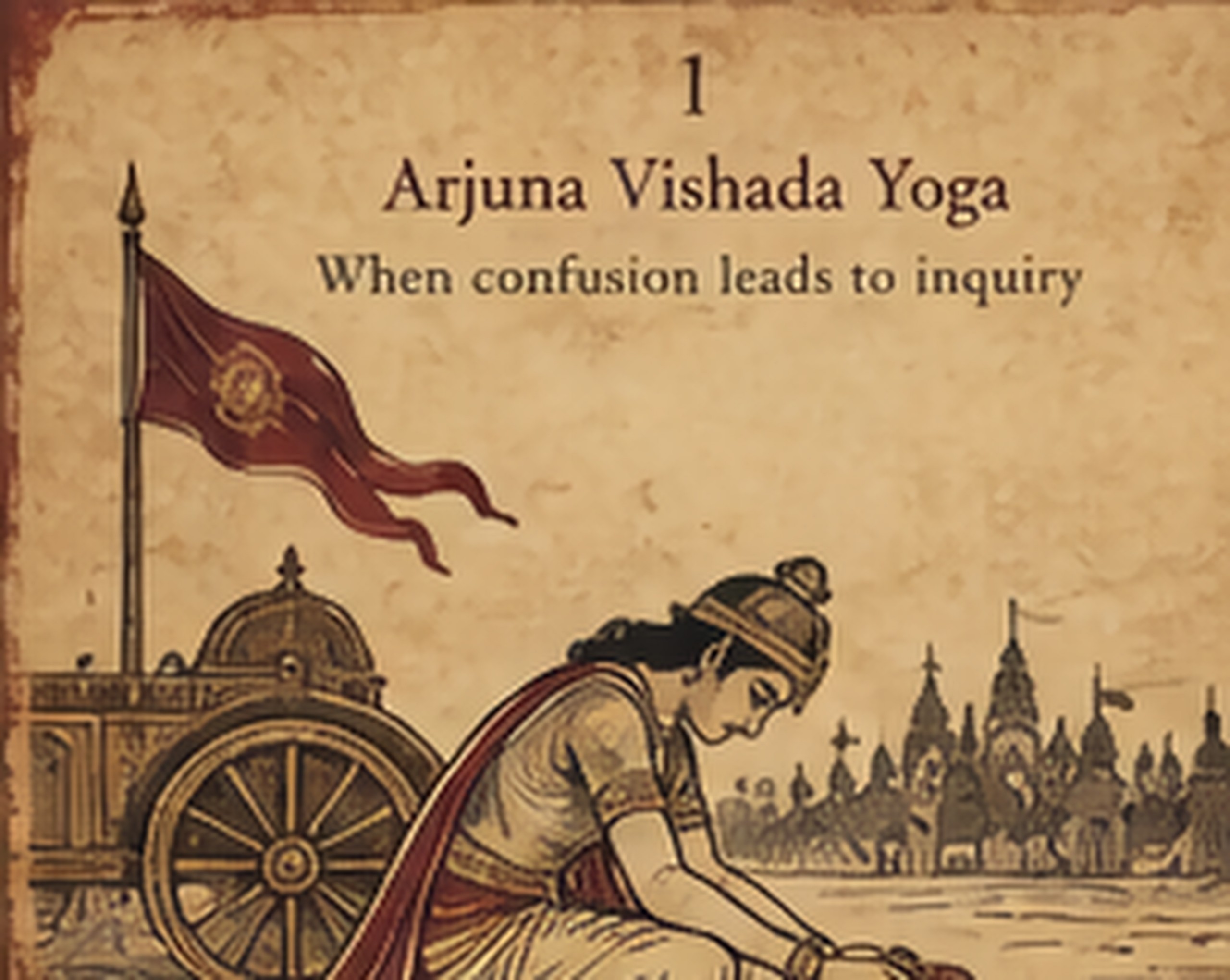 Arjuna slumped on the floor of the chariot, his bow laid down beside him, head bowed