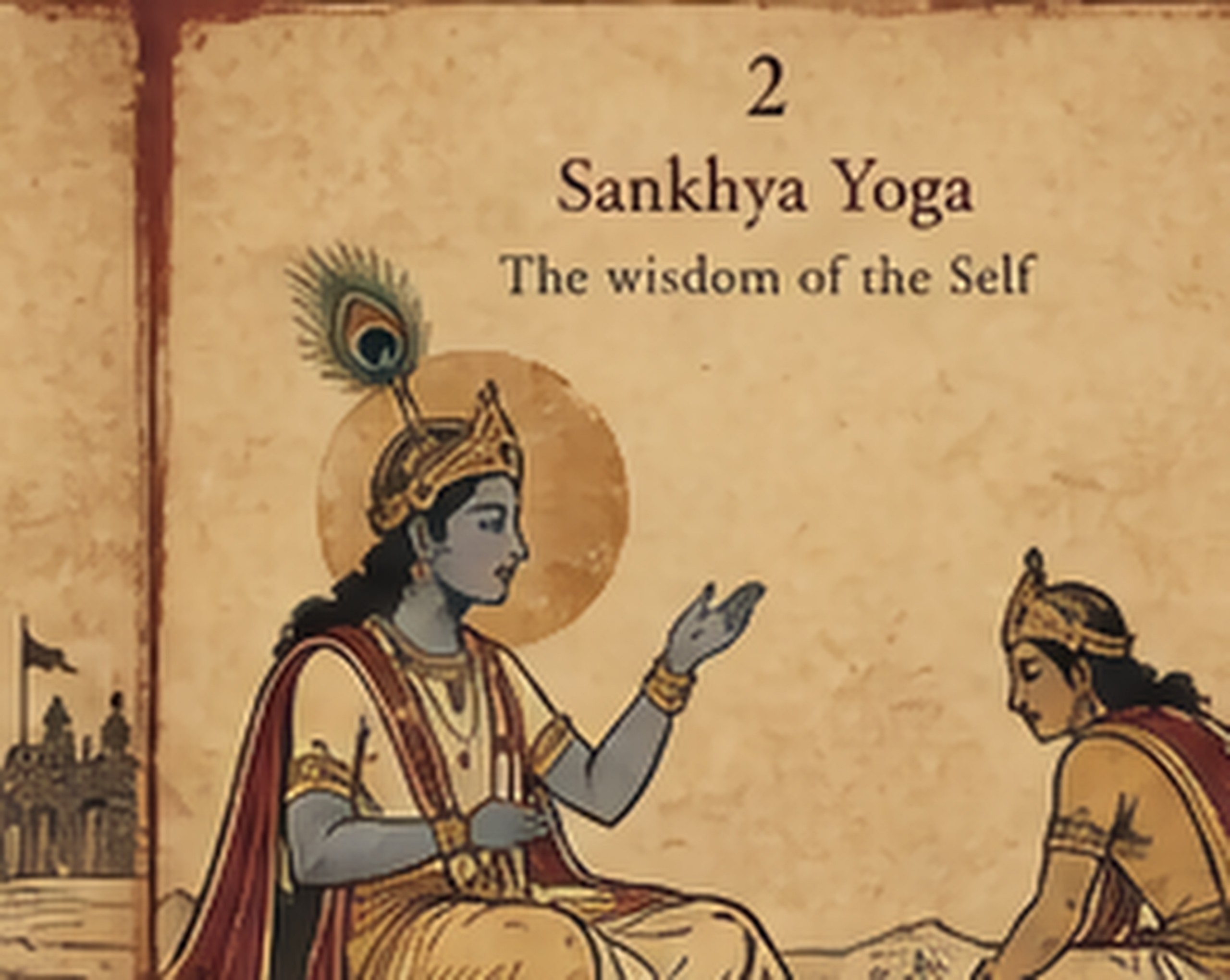 Arjuna looking up at Shri Krishna as the teaching begins, dawn breaking behind them