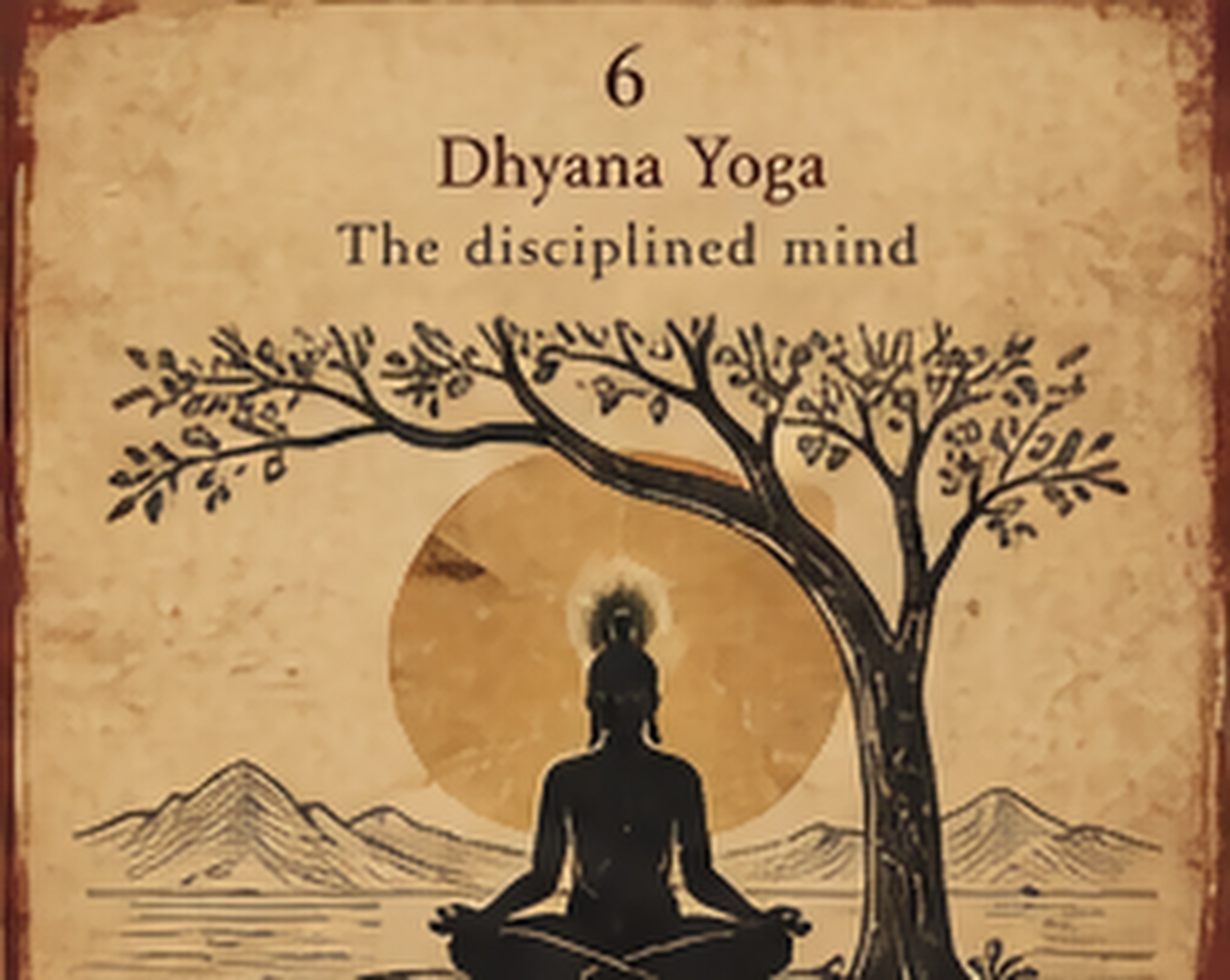 A figure seated in meditation under a tree at daybreak beside a still lake