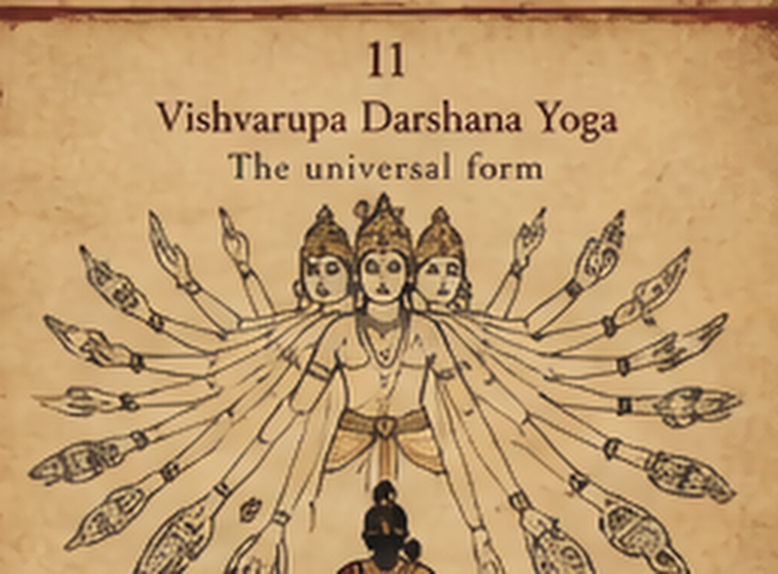 The cosmic form filling the sky in radiant light while Arjuna kneels below with folded hands