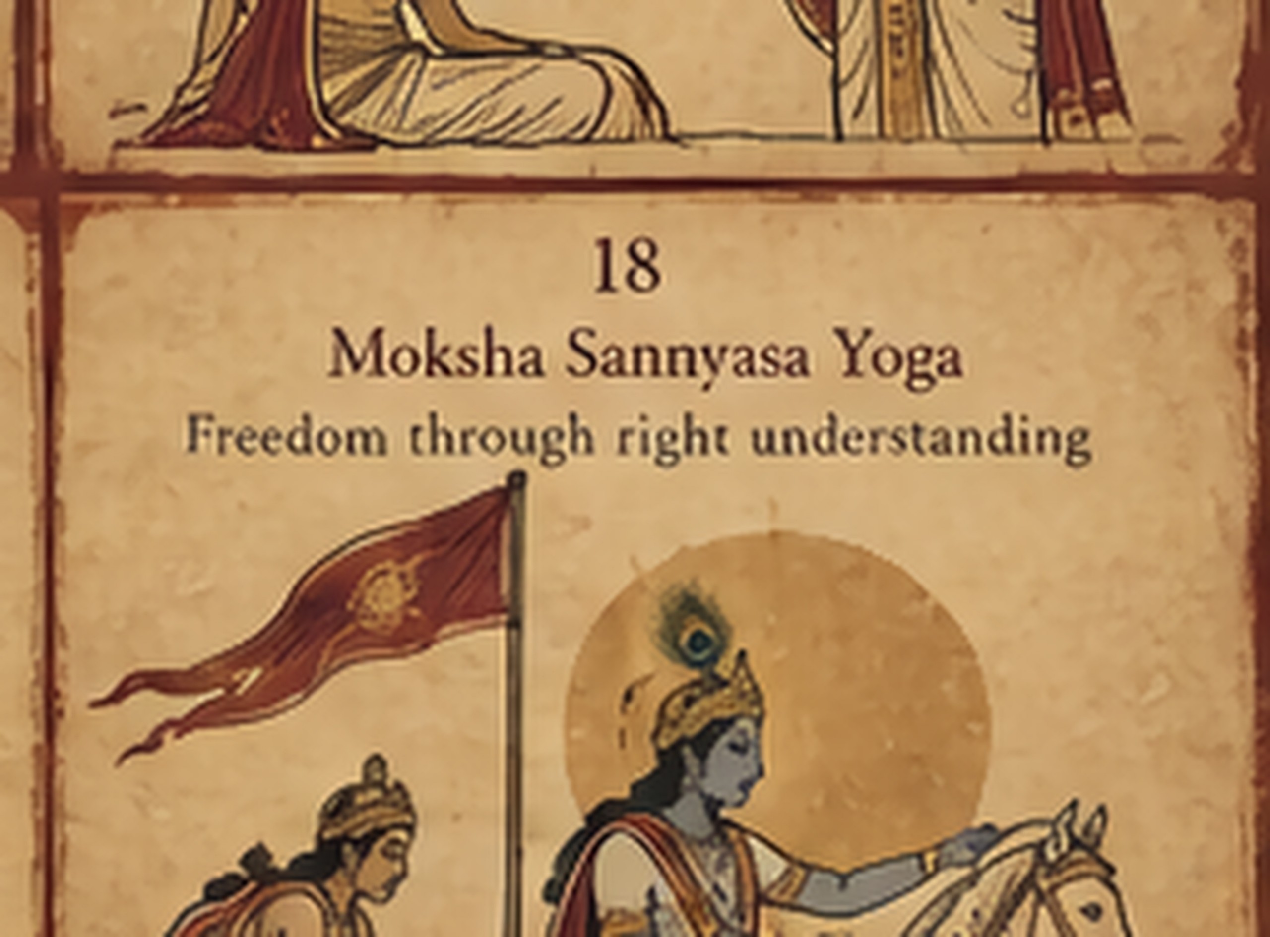 Arjuna taking up his bow again at sunrise, Shri Krishna beside him at the reins