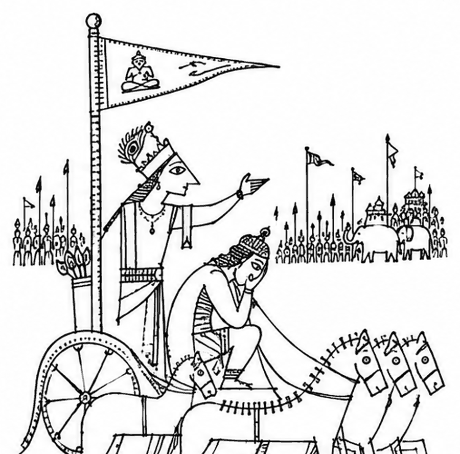 Krishna standing at the reins pointing out across the armies while Arjuna sits with his head lowered