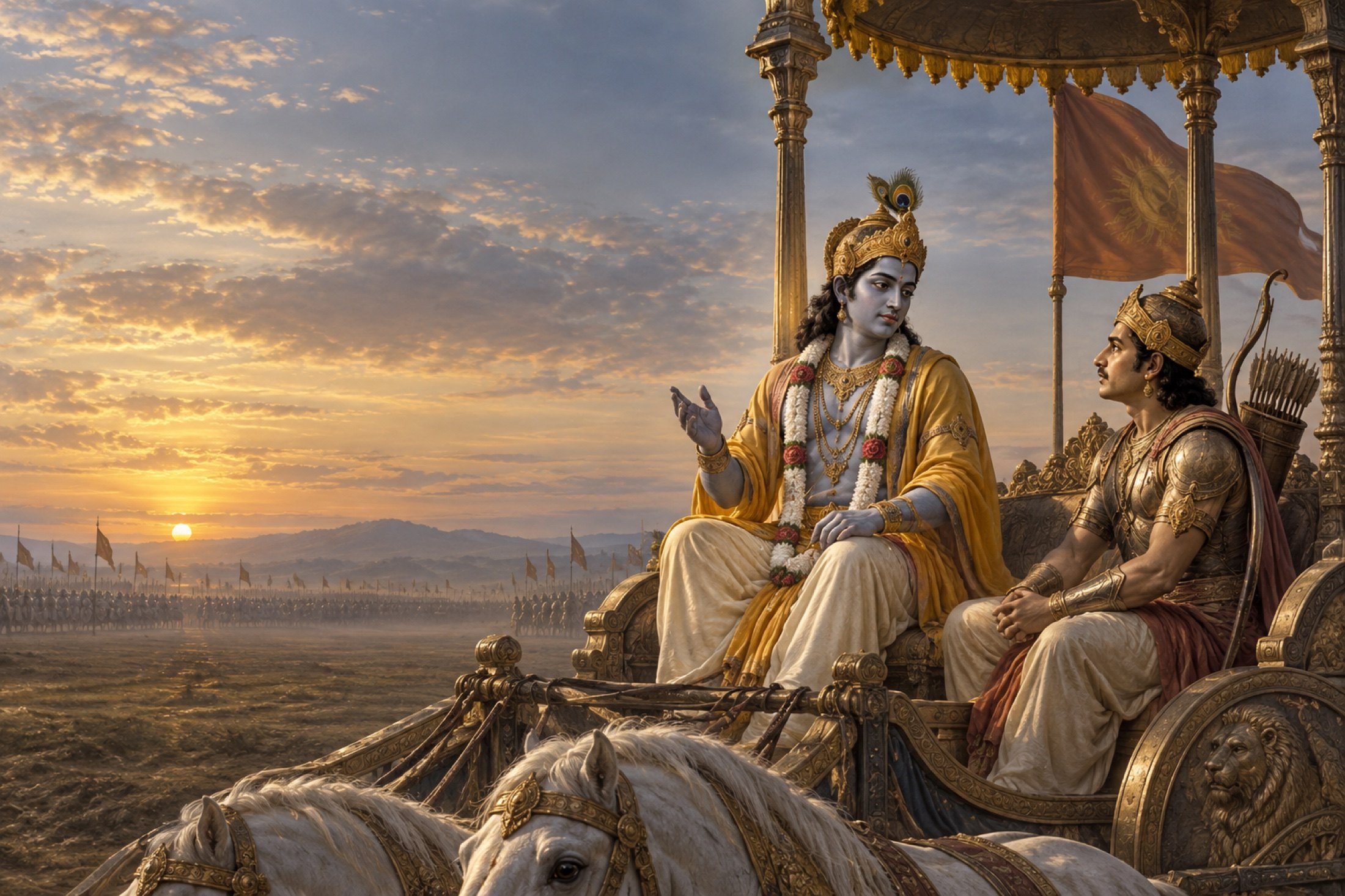 Shri Krishna seated on the chariot at Kurukshetra at sunrise, his hand raised as he speaks to Arjuna, who sits listening