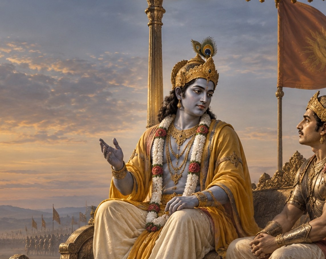 Shri Krishna on the chariot, his hand raised in the gesture of teaching, Arjuna at the edge of the frame
