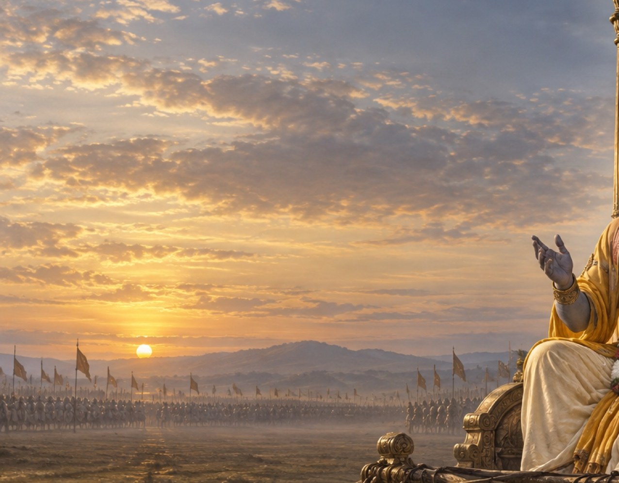 Sunrise over the field of Kurukshetra, the two armies drawn up in the distance under a red sky