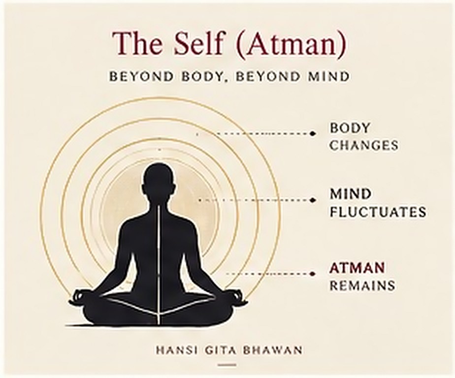 A seated silhouette ringed by widening circles, with lines drawn out to body, mind and atman. The card carries its title in English.