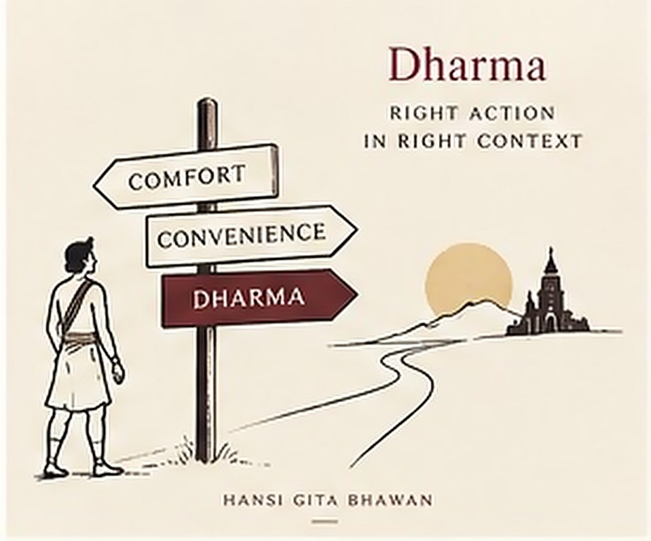 A signpost on a road pointing to comfort, convenience and dharma, a figure standing before it. The card carries its title in English.