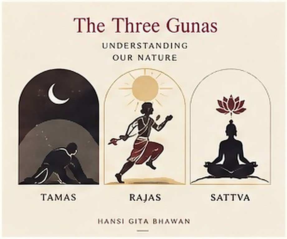 Three arched panels — a figure crouched under a moon, a figure running under a sun, a figure seated before a lotus. The card carries its title in English.
