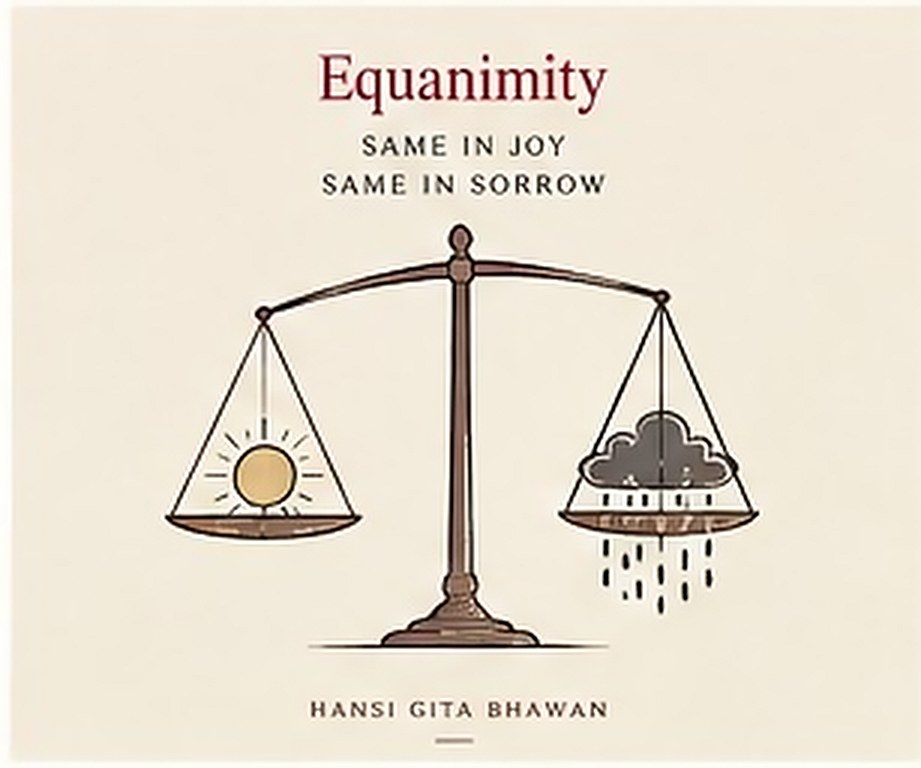 A balance in equilibrium, a sun in one pan and rain falling into the other. The card carries its title in English.